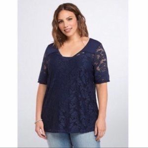 Torrid Navy Blue Lace Sheer Short Sleeve Football Top